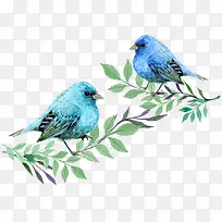 手绘小清新蓝色的鸟和树枝