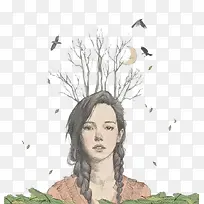 树木枯枝角少女