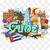 古巴建筑英文地标手绘