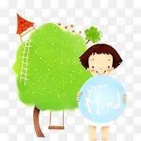 卡通小女孩与绿色小树