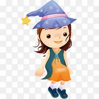 卡通小女孩巫师帽儿童节素材