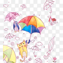 创意卡通圆圈手绘雨伞小猫咪