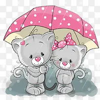 雨伞下的矢量小猫