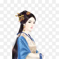 古代蓝色中国风古典宫廷美女手绘
