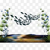 卡通手绘海底世界鱼海藻植物