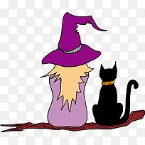 卡通紫色巫女黑猫矢量