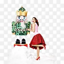 绿色创意铜钱造型雪人红裙美女