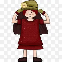 手绘绿帽子红衣服小人