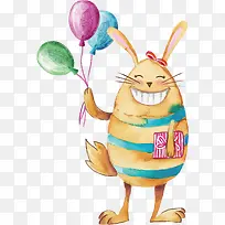 手绘水彩拿着气球的兔子