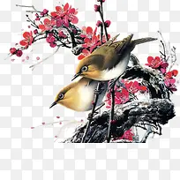 水彩中国风两只小鸟褐色树枝