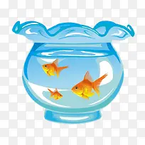 卡通手绘可爱蓝色鱼缸和三条鱼