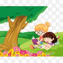 可爱卡通插图草地上读书的孩子们