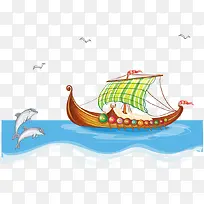 卡通手绘海平面帆船轮船