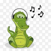 矢量卡通绿色鳄鱼听音乐素材