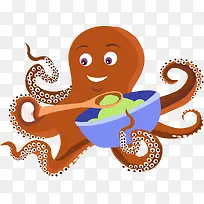 手绘褐色章鱼吃饭图案