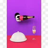 紫色墙纸伸出的手倒酒海报背景