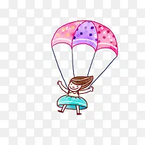 手绘卡通小女孩降落伞飞行