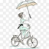 打雨伞骑自行车的女孩