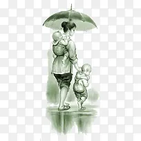 古典水彩伟大母亲雨天撑伞