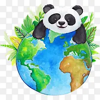 水彩熊猫地球