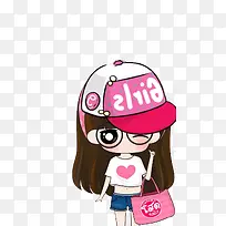 戴着粉色棒球帽的可爱卡通小女孩