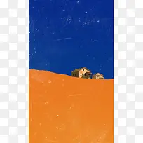 手绘房子蓝色橙色拼接背景
