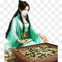 下棋的蒙面绿衣少女古风手绘