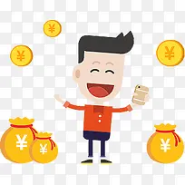 卡通拿手机得金币的男人