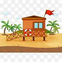 卡通沙滩椰汁树小木屋
