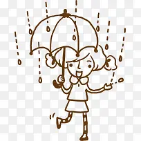 咖色手绘小女孩雨伞雨天