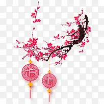 红色中国风花枝挂饰装饰图案