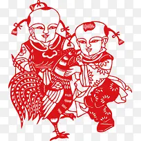 剪纸小孩子摸公鸡