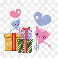 矢量卡通小猫礼物盒节日气球
