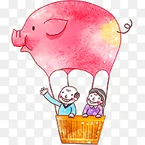 粉色卡通插画小猪热气球