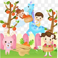 孩子和动物摘苹果
