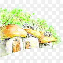 手绘黄色漫画蘑菇房子