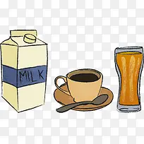 矢量手绘咖啡牛奶和橙汁