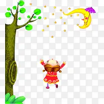 小女孩星星月亮树木卡通图案