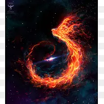 宇宙中的火焰凤凰手绘