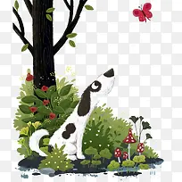 手绘植物花狗图案