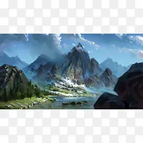 手绘卡通天空山峰