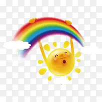 卡通太阳挂在彩虹上插图