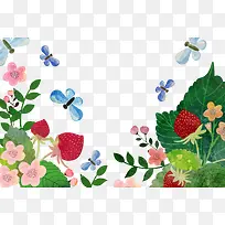 矢量水彩草莓花卉蝴蝶装饰图案