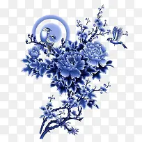 蓝色古风盛开牡丹梅花