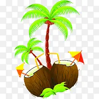 手绘沙滩椰子树椰子