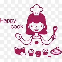 卡通矢量女厨师快乐烹饪