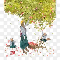摘桃子的女孩插画