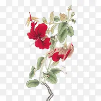 中国风红色花朵水墨绿叶