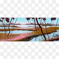 手绘湖水美景插画