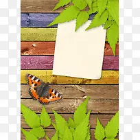 木板树叶蝴蝶纸张背景